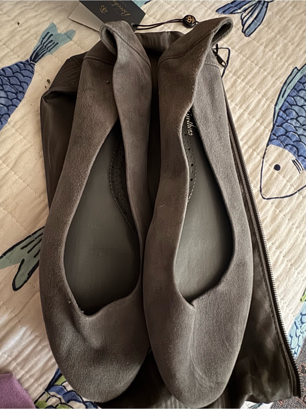 Brooks Brothers Grey suede ballet flats witha bag with tag on them. Never worn